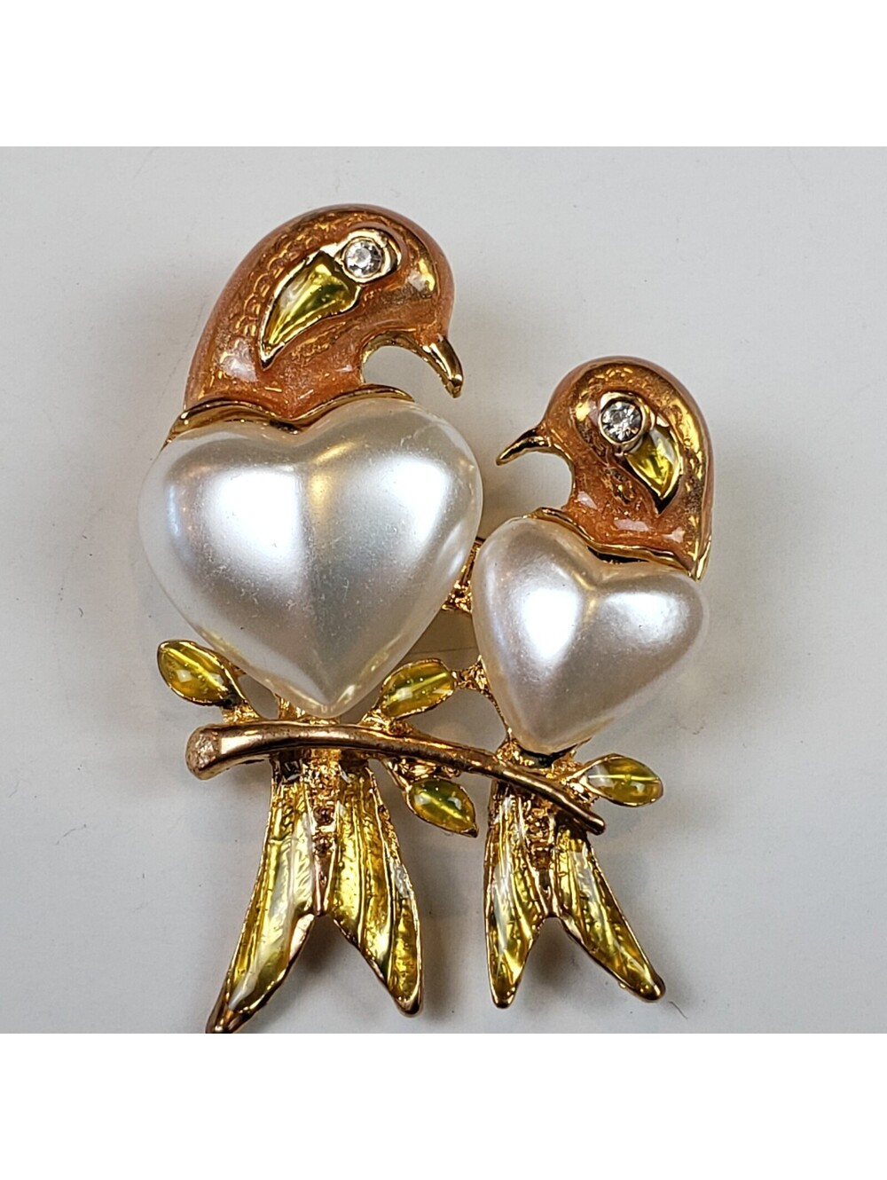 Love Bird Brooch Pin Faux Pearl Heart Cabochon Yellow Gold Enamel RS Eyes Branch